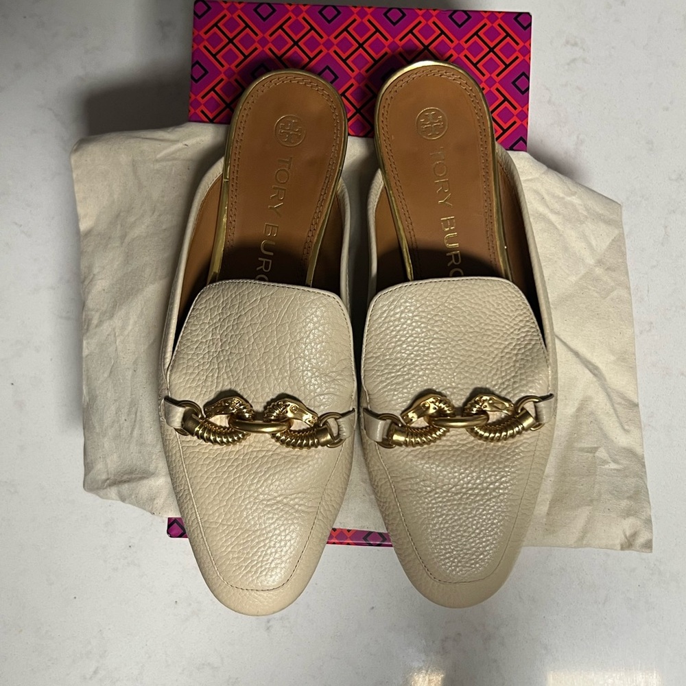 Tory Burch Cream Jessa Leather Backless Loafers